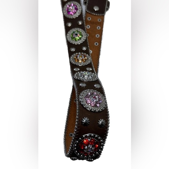 EUC Nocona Size M Western Belt Rhinestone Silver Studded Buckle Brown Leather - Picture 10 of 12